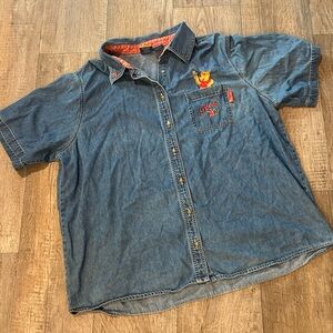 Vintage Disney Winnie the Pooh Blue Denim Short Sleeve Button-Up Top